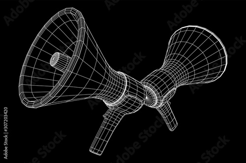 Megaphone or bullhorn for amplifying voice for protests rallies or public speaking. Wireframe low poly mesh vector illustration
