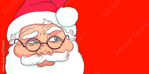 Santa Claus on a red background, raised an eyebrow and looks to the right, vector illustration EPS.