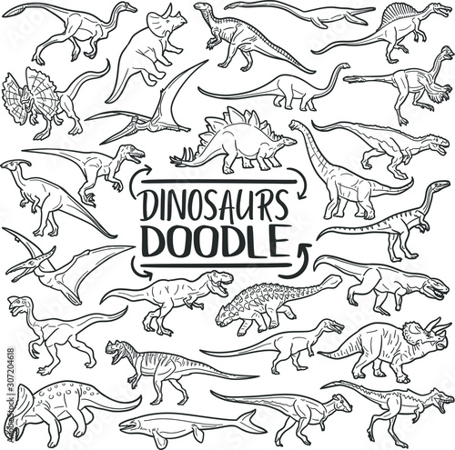 Dinosaurs Prehistoric Animals. Traditional Doodle Icons. Sketch Hand Made Design Vector.