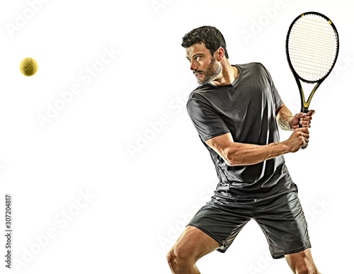 one caucasian mature tennis player man backhand waist up profile side view in studio isolated on white background © snaptitude
