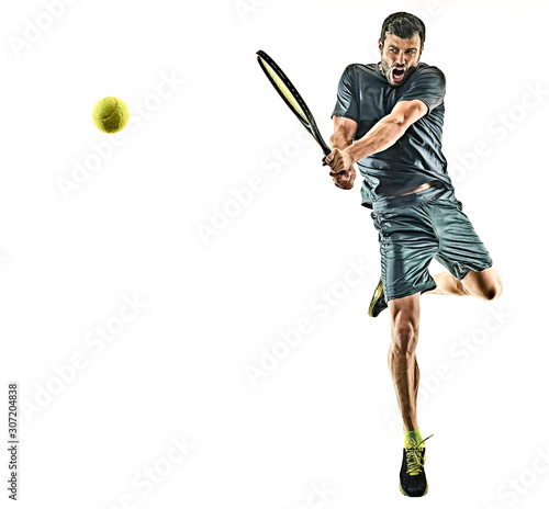 Cuadro en lienzo one caucasian mature tennis player man backhand silhouette full length in studio