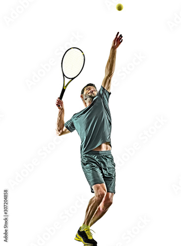 one caucasian mature tennis player man serving service in studio isolated on white background