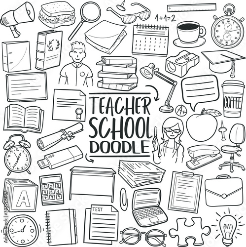 Teacher Work. Back to School. Traditional Doodle Icons. Sketch Hand Made Design Vector.