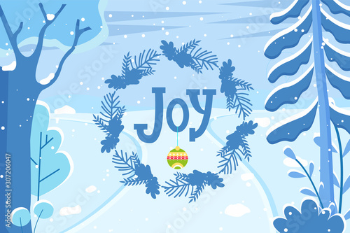 Holiday joy designed caption, merry christmas. Festive door wreath with fir or pine branches and cone. Beautiful winter landscape, nature view with trees and snow. Vector illustration in flat style