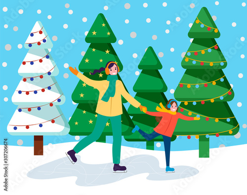 Smiling mother holding daughter skating near fir-trees with garland decoration. Family activity on ice in winter season, celebration Christmas outdoor. People in scarf going near snowy spruce vector