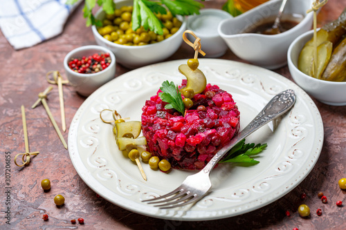 Traditional Russian salad with beetroot (vinaigrette).