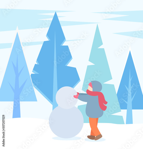 Child playing outdoors in winter season. Child wearing warm clothes sculpting snowman. Kiddo with balls made of snow. Forest with pine trees, outside nature. Character on vacation vector in flat
