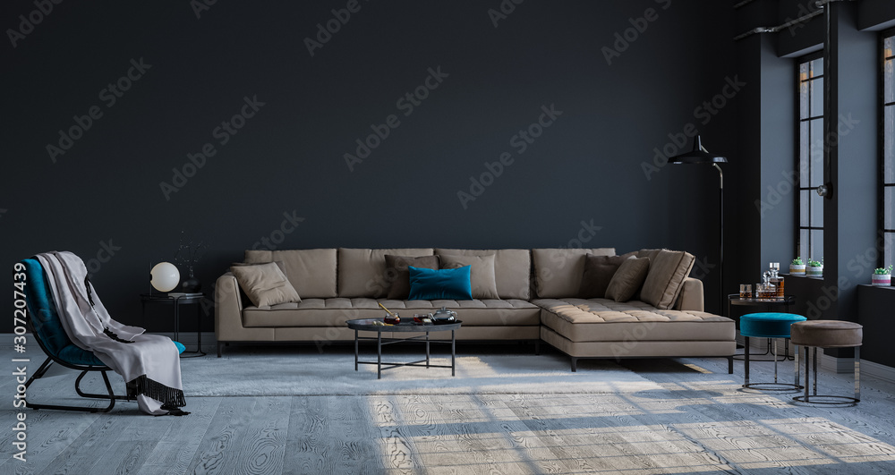 Decorative backdrop of a room at home, office and hotel. Modern sofa interior design and bright modern interior details against a dark classic wall. Bright light from the window. - obrazy, fototapety, plakaty 