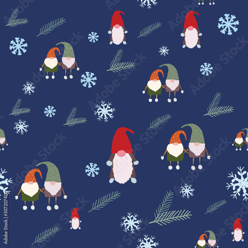 Seamless pattern with scandinavian gnomes, pine tree spruce and snowflakes.