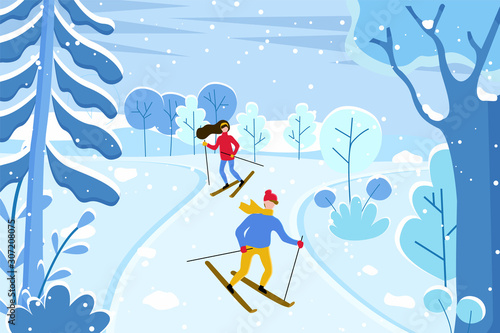 Winter landscape and people leading active lifestyle. Sportive people skiing outdoors in cold season. Man and woman extreme hobby practicing ,. Race of male and female in forest. Vector in flat