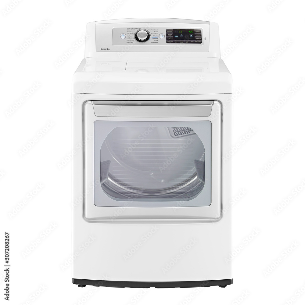 Drying Machine Isolated on White. Front View of White Electric Steam