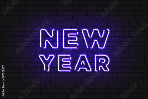 New Year Neon Text. 2020 New Year Design template. Light Banner. Vector Illustration. New Year sign in neon design on brick wall background.