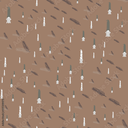 Seamless design with scandinavian gnomes and winter pine spruce.