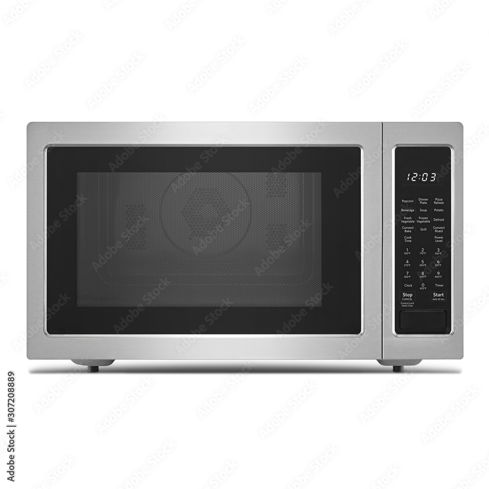 Microwave Oven Isolated on White Background. Front View of Brushed