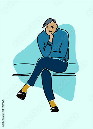 Young man sitting on a bench vector illustration. Lecture listener concept. On a lesson, conference, training course, in a waiting room. Waiting concept. Being bored and being depressed concepts