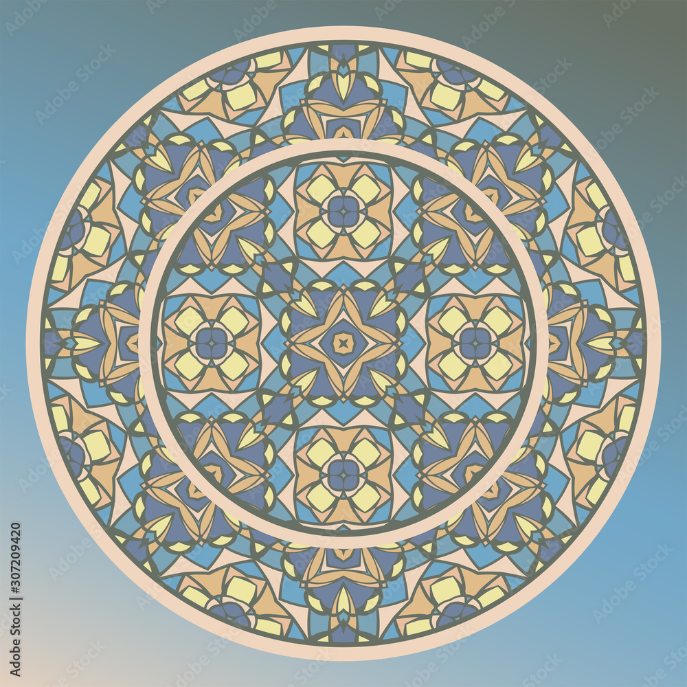  Decorative plate and mandala for interior design. Home decor. Mandala color abstract geometric pattern, vector seamless, can be used for printing onto fabric, interior, design, textile