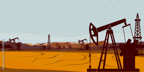 Nature landscape. Mountains, desert, oil pumpjacks, derricks. Vector illustration.