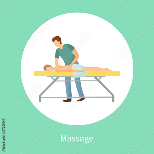 Massage poster with masseuse making relaxing movements on back. Male lying on table in spa salon vector isolated in circle, medical treatment procedure