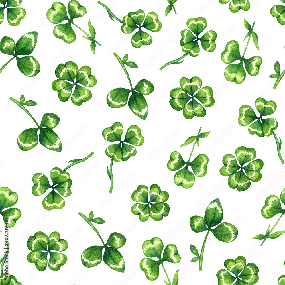 Seamless pattern with clover isolated on white background. Spring pattern with clovers. Background for st patrick day. Botanical backdrop. Perfect for invation, print, fabric, clothes. 