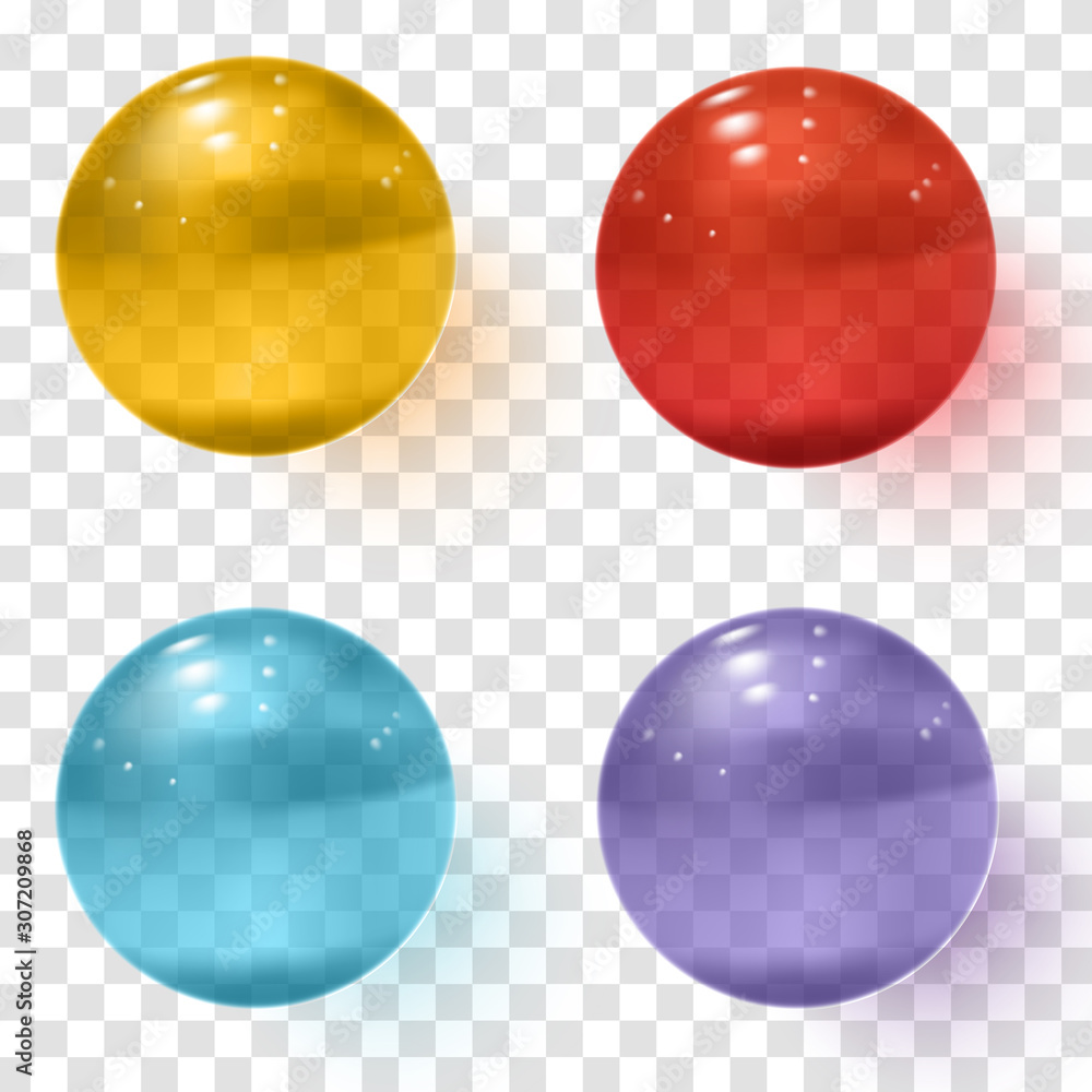 Set of multicolored transparent glass spheres with shadows Set of multicolored transparent glass spheres with shadows