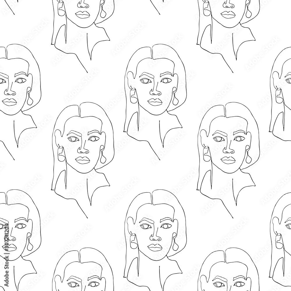 Seamless pattern with outline silhouette of woman face. Modern avant- garde poster.Black silhouette on white background. Trendy minimalistic faces. Seamless pattern with outline silhouette of woman face. Modern avant- garde poster.Black silhouette on white background. Trendy minimalistic faces.
