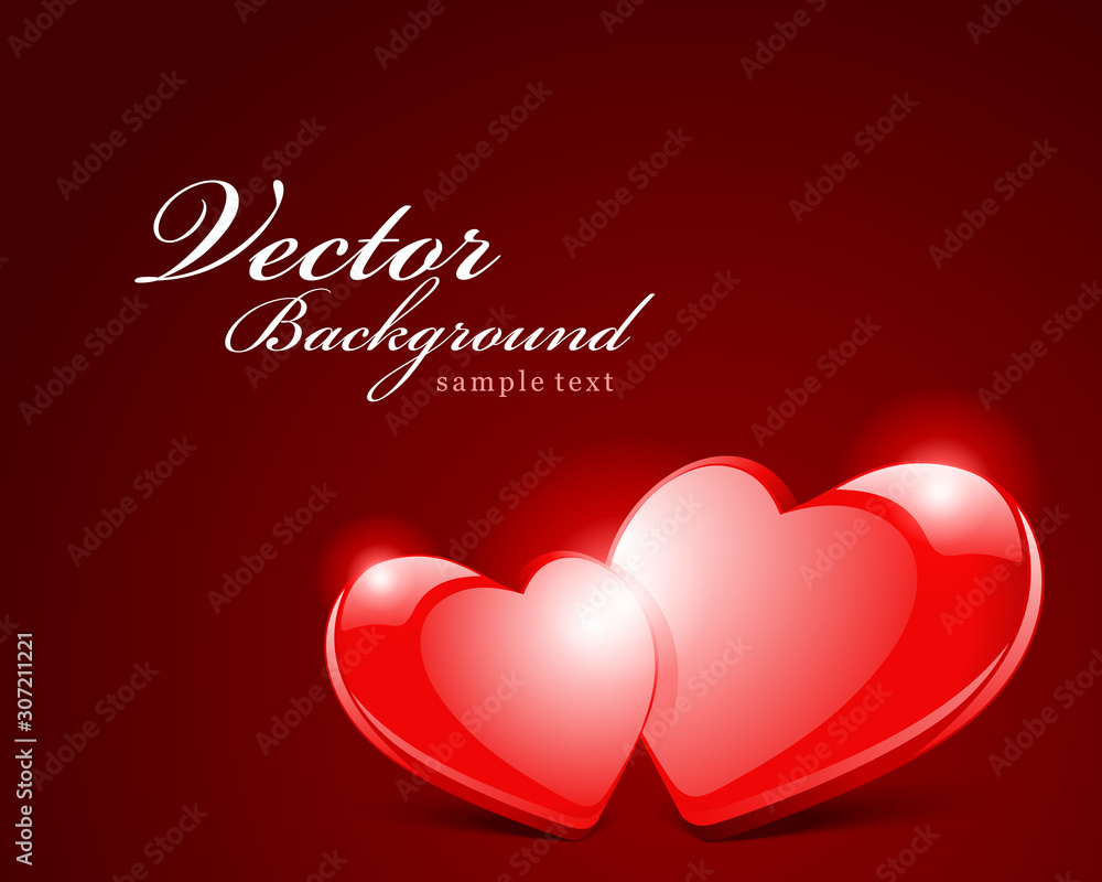 Happy valentines day greeting card design and two red hearts vintage typographic wish vector background