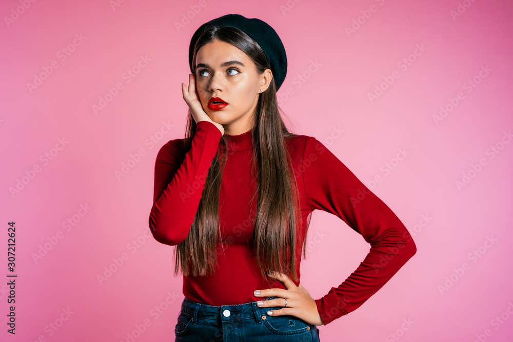 Portrait of cute girl shocked. Pretty woman with perfect make-up, stylish outfit surprised to camera over pink background. Portrait of cute girl shocked. Pretty woman with perfect make-up, stylish outfit surprised to camera over pink background.