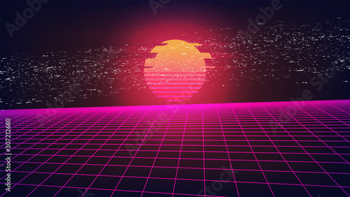 Synthwave Glitch Sunset backround. Retro Future Sun with digital and TV VHS distortion. Distorted pink perspective grid on dark virtual computer sky. 80s banner template. Stock vector illustration