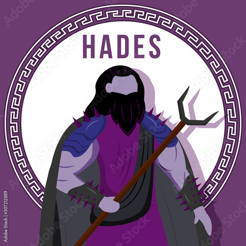 Hades purple social media post mockup. Ancient Greek god. Mythological figure. Web banner design template. Social media booster, content layout. Poster, printable card with flat illustrations