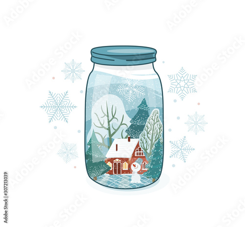 Cute winter vector illustration. Close lid glass jar with wintertime rustic landscape. House, fir tree, snowman, snow inside bottle. Glass container surrounded by snowflakes