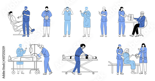 Doctors flat vector illustrations set. General practitioners, therapists, surgeons isolated cartoon characters on white. Resuscitation, first aid and surgical operation. Medicine and healthcare