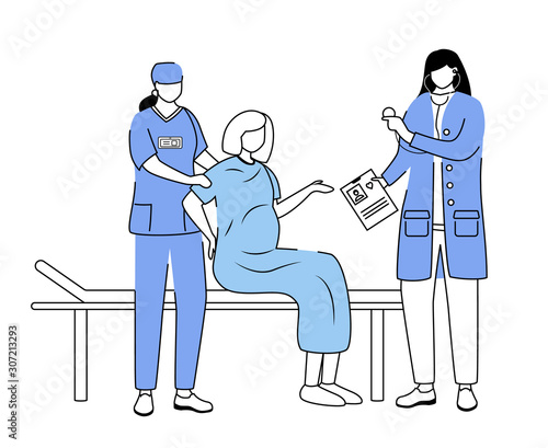 Childbirth at hospital flat vector illustration. Pregnant woman with contractions and labor. Obstetrics and gynecology. Obstetrician, nurse with patient cartoon characters isolated on white background