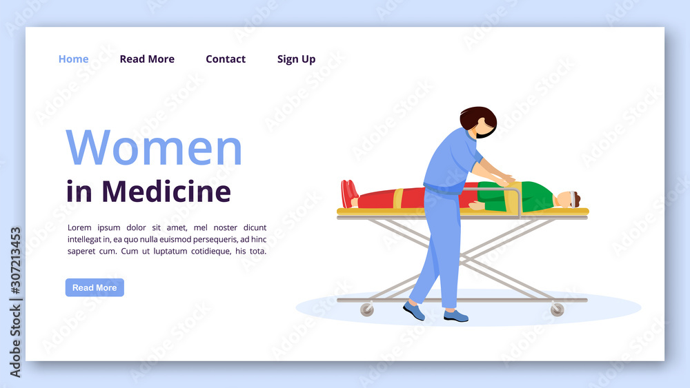 Women in medicine landing page vector template. Emergency doctor website interface idea with flat illustrations. First aid and urgency care homepage layout. Web banner, webpage cartoon concept