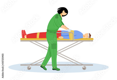Paramedic giving first aid flat vector illustration. Urgent care, resuscitation. Emergency rescue worker, medic. Emt and patient with trauma on stretcher cartoon character. Doctor isolated on white