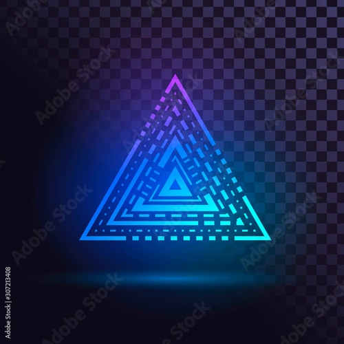 Glowing blue pyramid, futuristic logo, hi-tech sign on transparent background