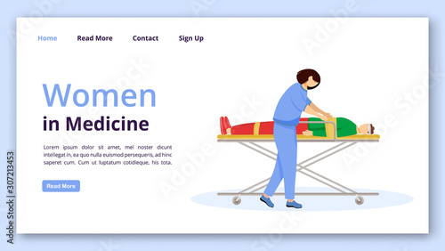 Women in medicine landing page vector template. Emergency doctor website interface idea with flat illustrations. First aid and urgency care homepage layout. Web banner, webpage cartoon concept