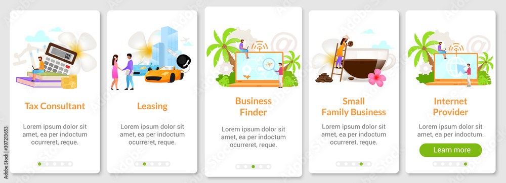 Indonesian business onboarding mobile app screen vector template. Leasing. Internet provider. Walkthrough website steps with flat characters. UX, UI, GUI smartphone cartoon interface concept