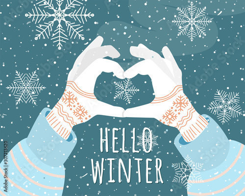Hello winter holiday vector illustration background. Female hands with gloves folded in the shape of a heart. Snowflake in the center