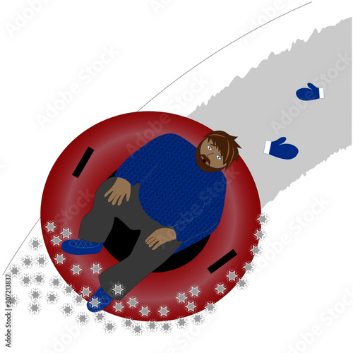 Frightened young man on a toboggan