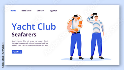 Yacht club seafarers landing page vector template. Sailors website interface idea with flat illustrations. Yachting homepage layout. Sailing web banner, webpage cartoon concept