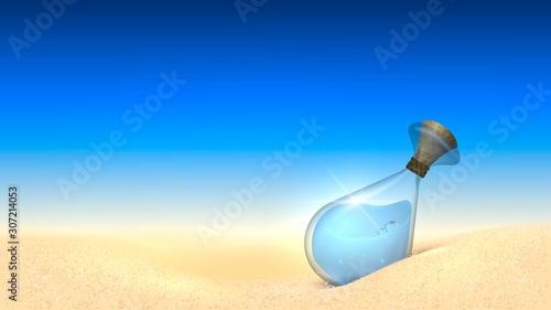Glass bottle with blue water on the sand in the desert
