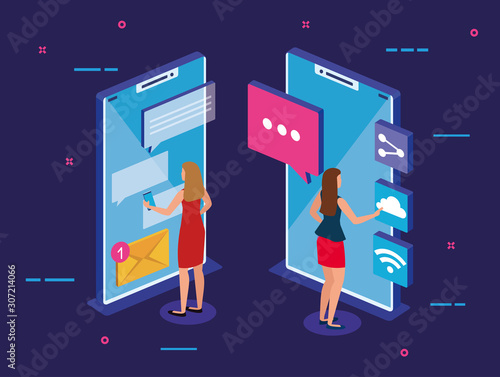 Smartphones and people design, Digital technology communication social media internet and web theme Vector illustration