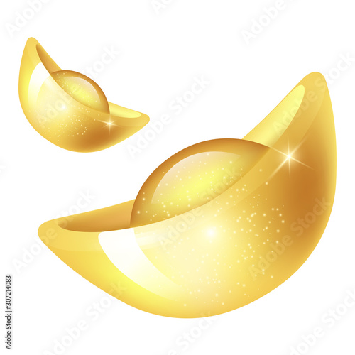 Gold ingot cartoon vector illustration. Traditional Chinese New Year prosperity symbol. Wish of wealth, abundance and monetary luck. Golden bar isolated sticker, patch on white background