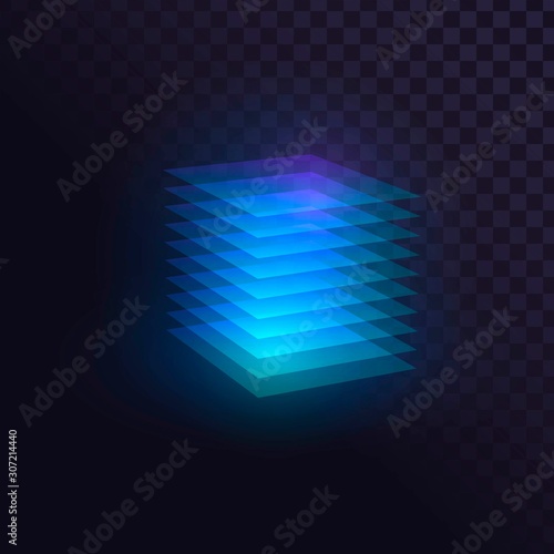 Glowing blue cube of transparent layers, futuristic block photo