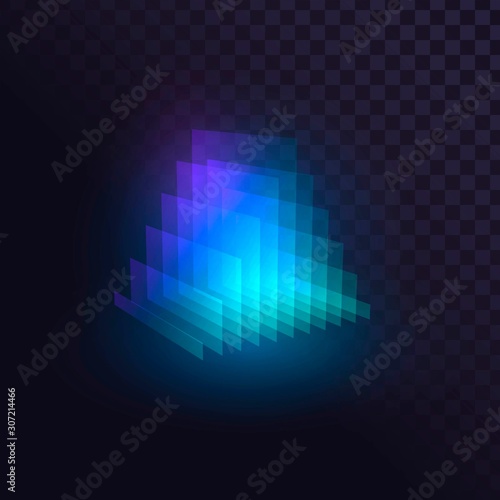 Glowing blue triangular prism made of transparent layers, futuristic triangle