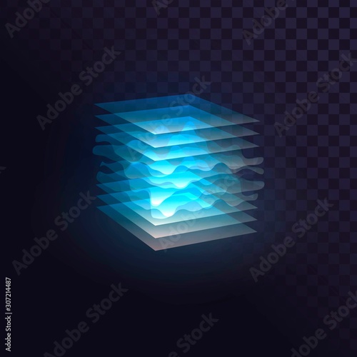 Glowing blue cube of transparent layers, futuristic block