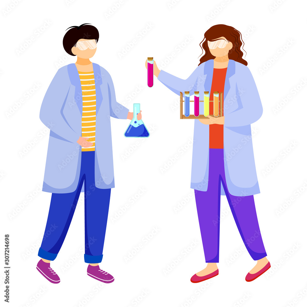 Scientists in lab coats flat vector illustration. Studying medicine, chemistry. Conducting experiment. Chemists with test tubes, laboratory flask isolated cartoon characters on white background Scientists in lab coats flat vector illustration. Studying medicine, chemistry. Conducting experiment. Chemists with test tubes, laboratory flask isolated cartoon characters on white background