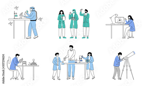 Practical science flat contour vector illustration set. Chemistry activities in school. Conducting experiments. Studying biology, chemistry isolated cartoon outline character on white background
