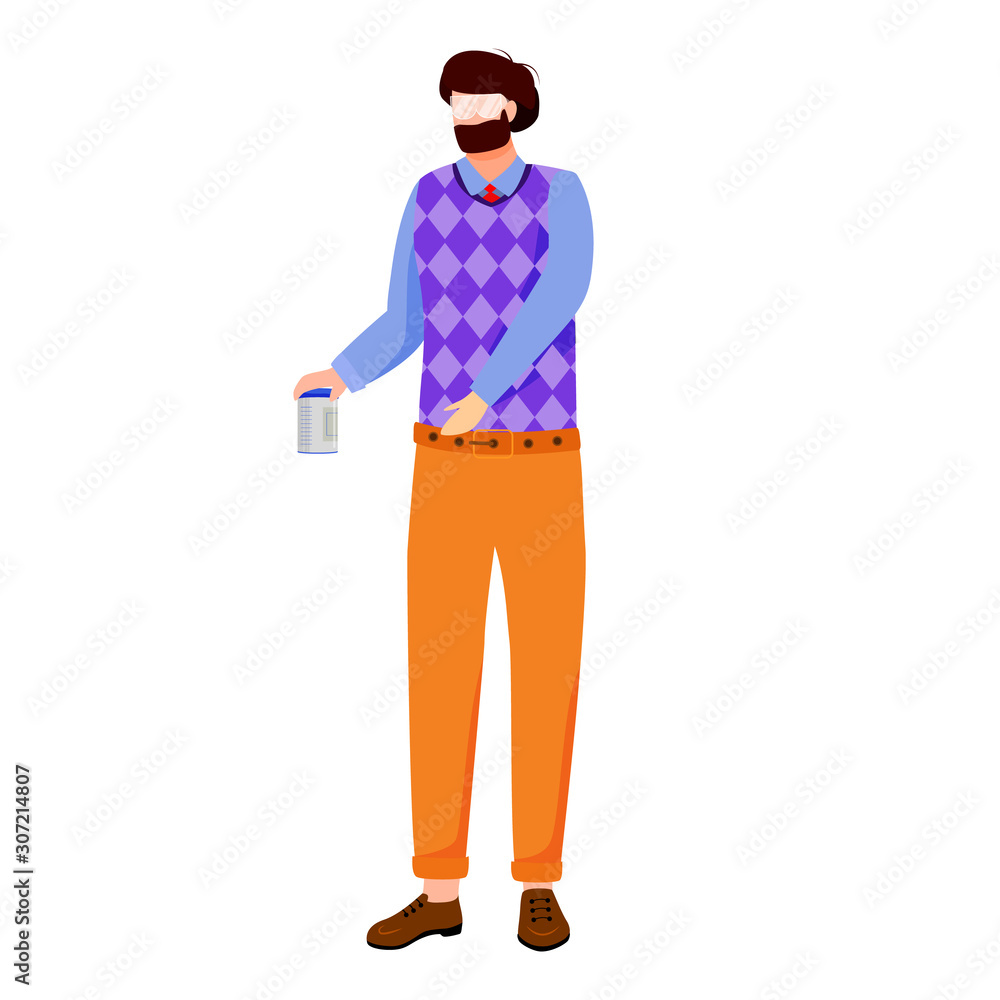 University professor with chemicals can flat vector illustration. Conducting lecture. Scientist explaining material. School science teacher isolated cartoon character on white background University professor with chemicals can flat vector illustration. Conducting lecture. Scientist explaining material. School science teacher isolated cartoon character on white background