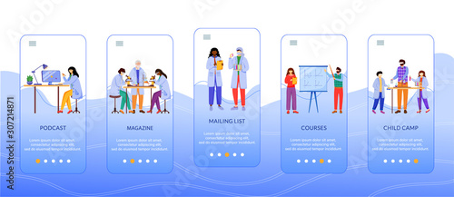 Science services onboarding mobile app screen vector template. Modern learning methods. Walkthrough website steps with flat characters. UX, UI, GUI smartphone cartoon interface concept